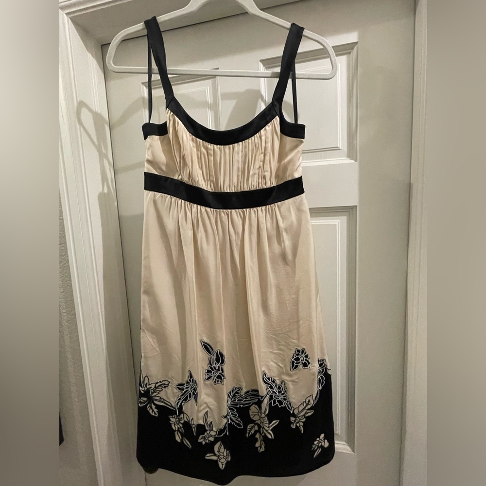 BCBGMaxAzria cream silk dress with embroidered flowers